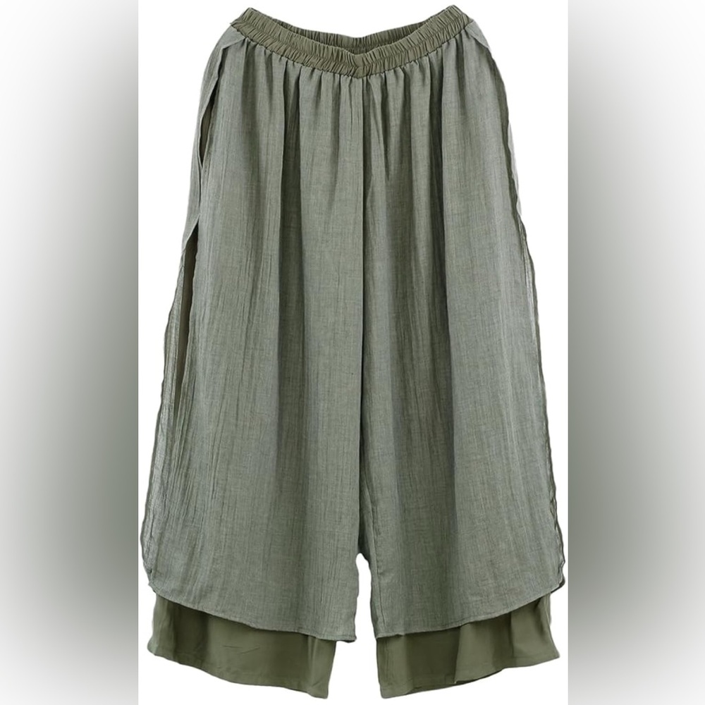 Wide Leg Pants Loose Layer Capris Palazzo Elastic Waist Trousers
